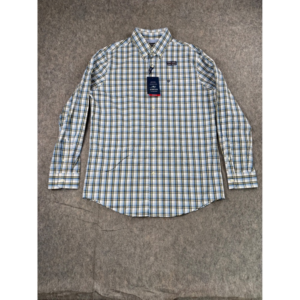 Chaps Button Down Shirt Mens Medium Blue Plaid Cotton Stretch Preppy Classic NEW